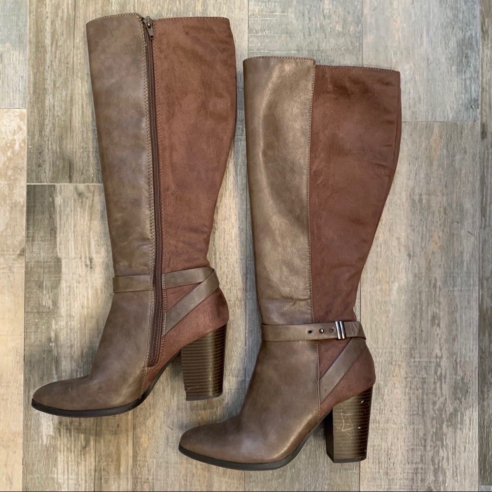 Taupe and brown heeled boots with buckle